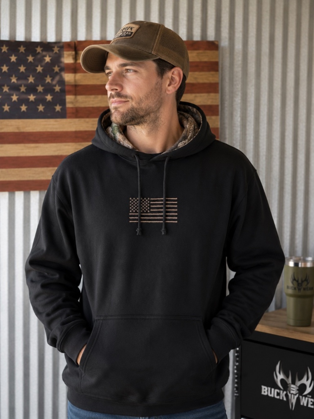 Buck Wear Realtree Camo Men's Hoodie XXL Black American Flag Pullover NWT